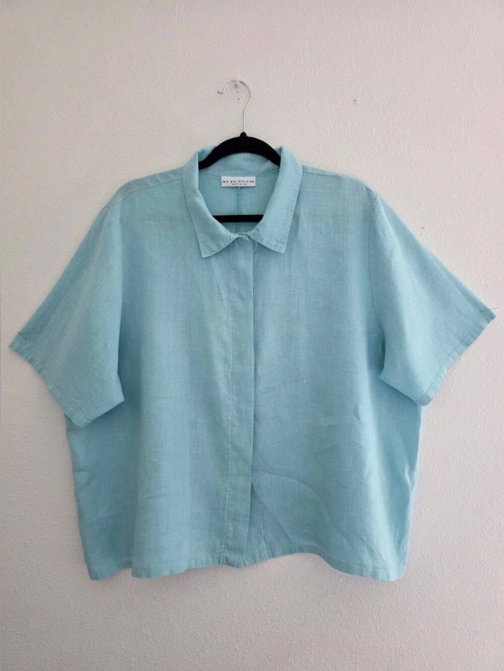 Bryn Walker Women's Top 100% Linen Boxy Hidden Button Collared Elbow Sleeve Sz L